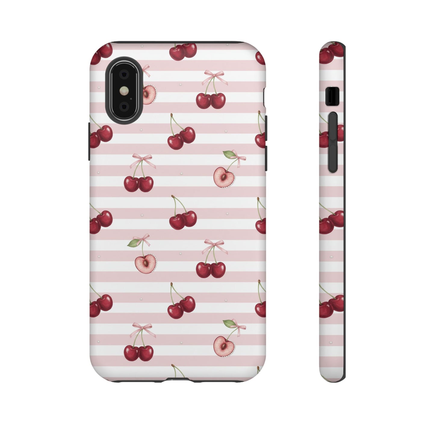 Pink Cherry Stripe Phone Case | Cute Coquette Aesthetic Protective Tough Case