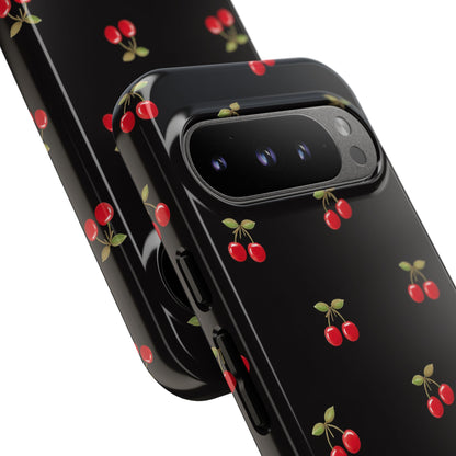 Cherry Pattern Phone Case — Slim Black Protective iPhone Case with Red Cherries for Iphone, Samsung Galaxy and Pixel