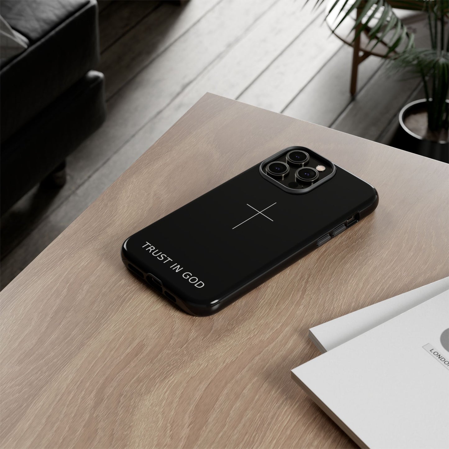Trust in God Phone Case Minimal Cross Christian Black Tough Cover