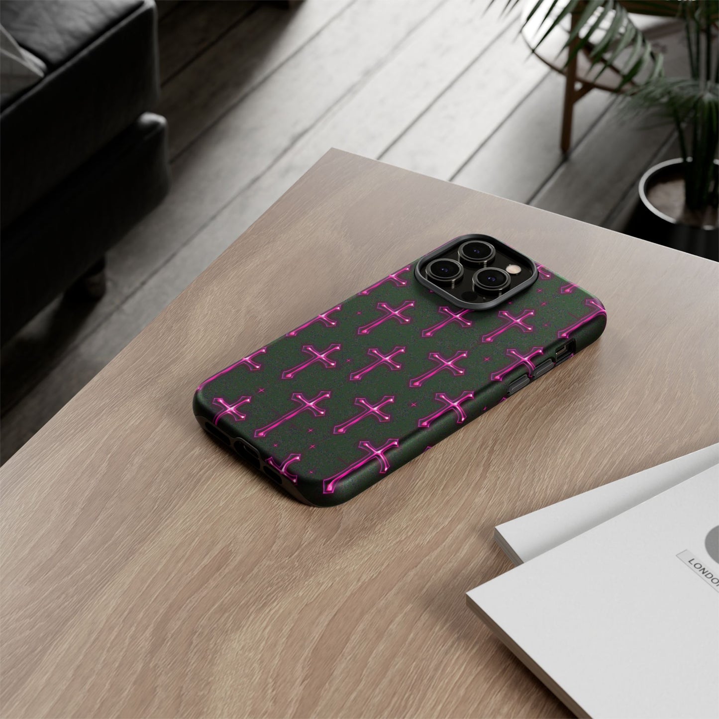 Neon Pink Cross Pattern Phone Case | Tough Protective Case for Iphone, Samsung Galaxy and Pixel