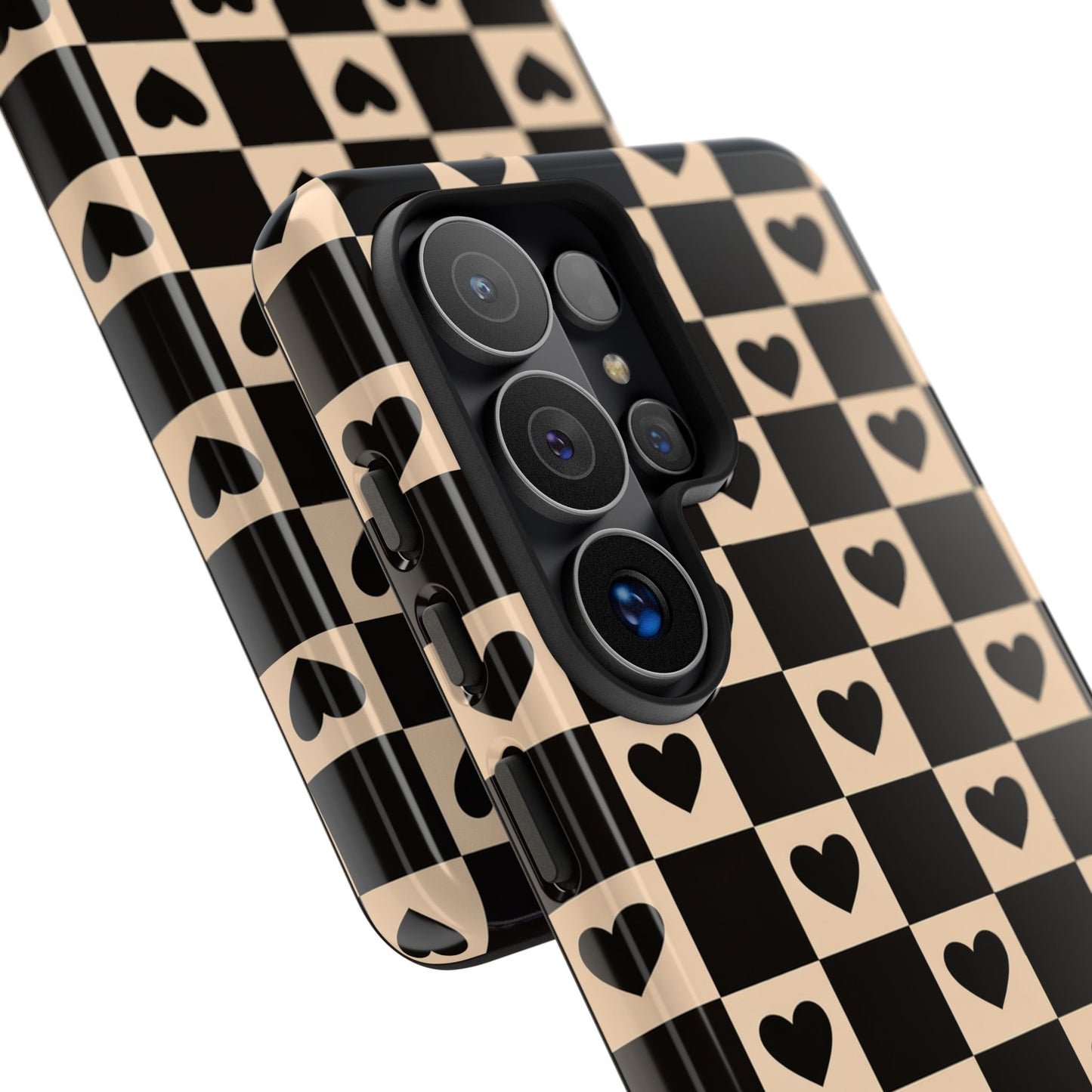 Checkerboard Heart Phone Case – Black & Beige Cute Aesthetic Protective Cover for Iphone, Samsung Galaxy and Pixel