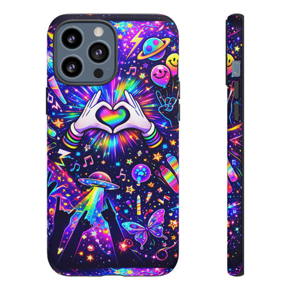 Rainbow Heart Hands Phone Case – Neon Galaxy EDM Festival Tough Cover