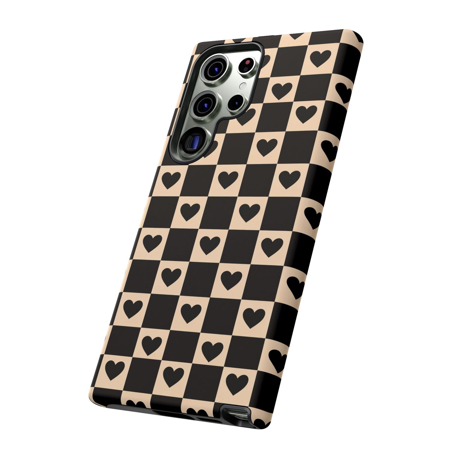 Checkerboard Heart Phone Case – Black & Beige Cute Aesthetic Protective Cover for Iphone, Samsung Galaxy and Pixel