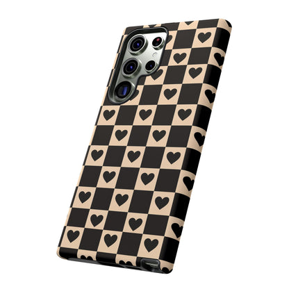 Checkerboard Heart Phone Case – Black & Beige Cute Aesthetic Protective Cover for Iphone, Samsung Galaxy and Pixel