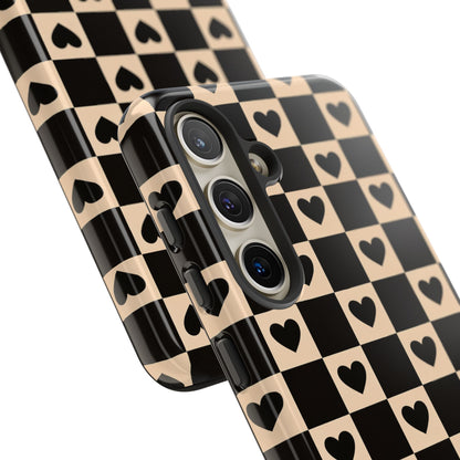 Checkerboard Heart Phone Case – Black & Beige Cute Aesthetic Protective Cover for Iphone, Samsung Galaxy and Pixel