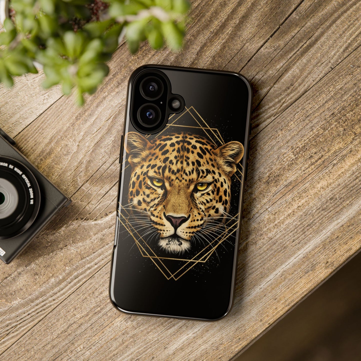 Leopard Head Geometric Phone Case – Black & Gold Luxe Tough Case