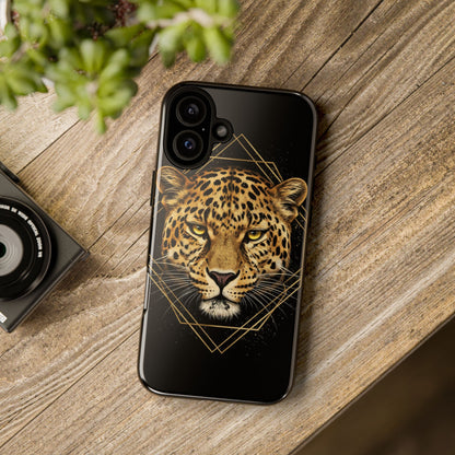 Leopard Head Geometric Phone Case – Black & Gold Luxe Tough Case