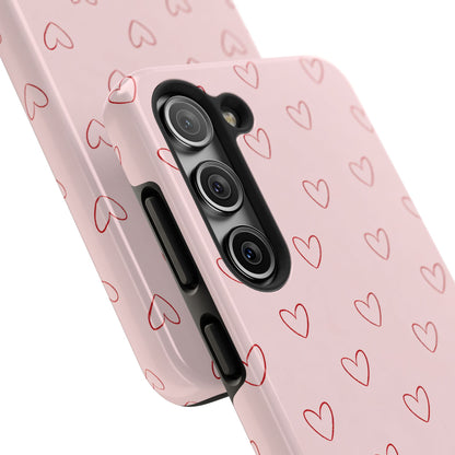 Pink Doodle Hearts Phone Case | Minimal Cute Heart Pattern Tough Case