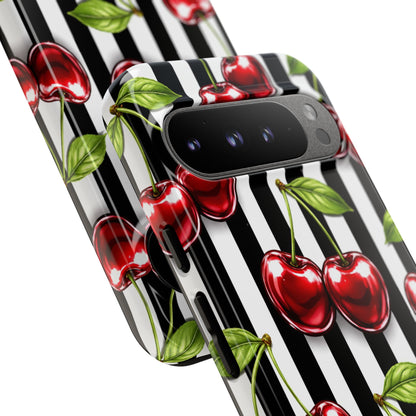 Cherry Pattern Phone Case Black White Stripe Retro Aesthetic Tough Cover