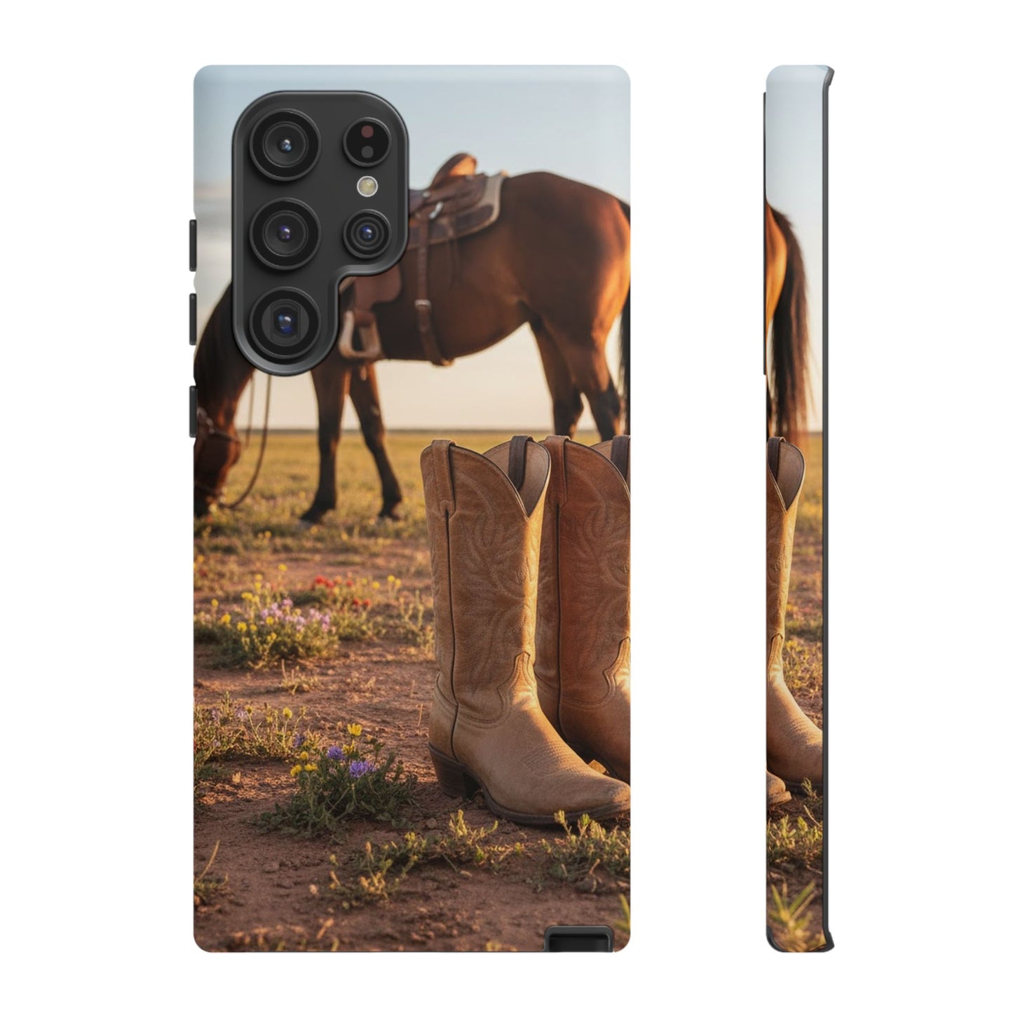 Western Cowboy Boots Phone Case – Rustic Horse Sunset Tough Case (iPhone, Samsung, Pixel)