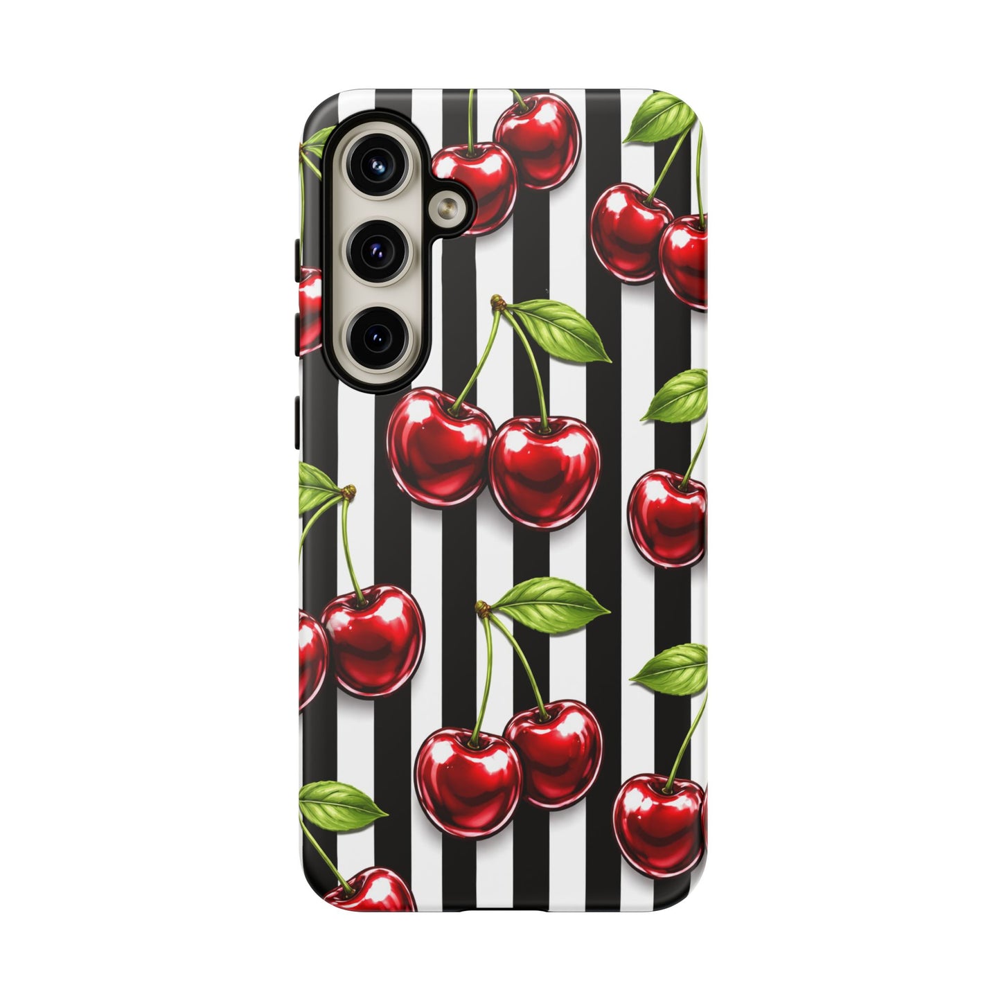 Cherry Pattern Phone Case Black White Stripe Retro Aesthetic Tough Cover