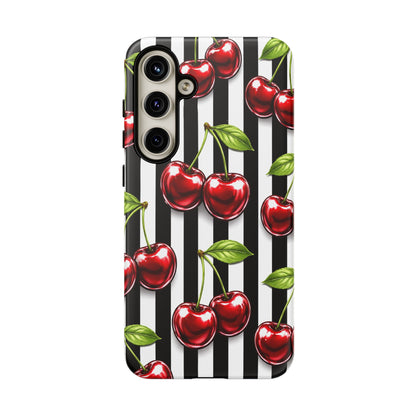 Cherry Pattern Phone Case Black White Stripe Retro Aesthetic Tough Cover
