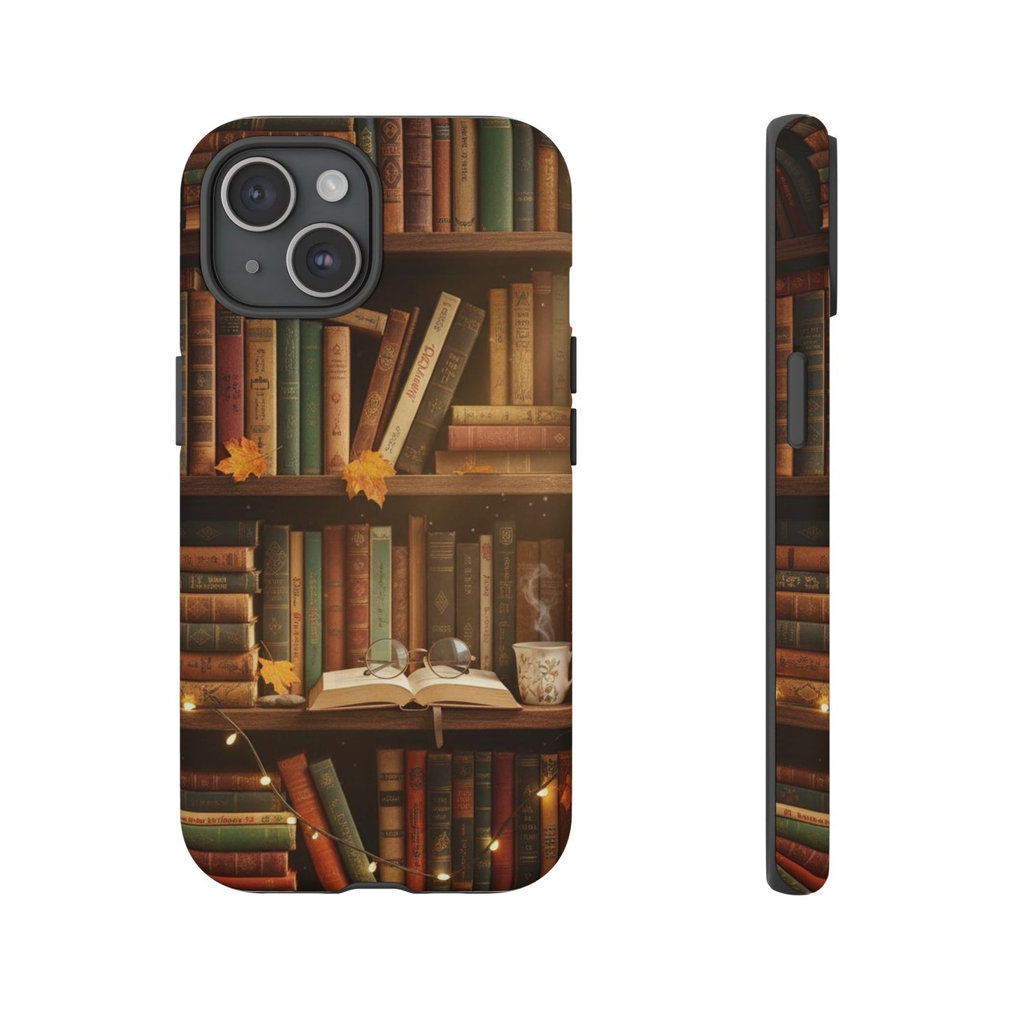 Cozy Vintage Bookshelf Phone Case, Library Aesthetic Book Stack, Autumn Coffee Vibes (iPhone, Samsung, Pixel)
