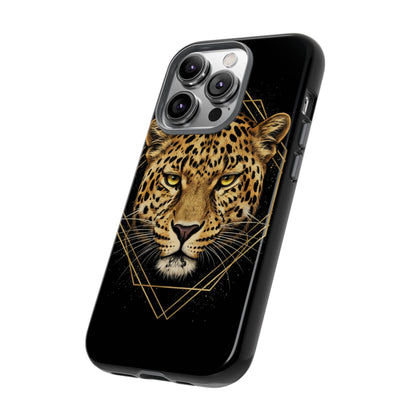 Leopard Head Geometric Phone Case – Black & Gold Luxe Tough Case