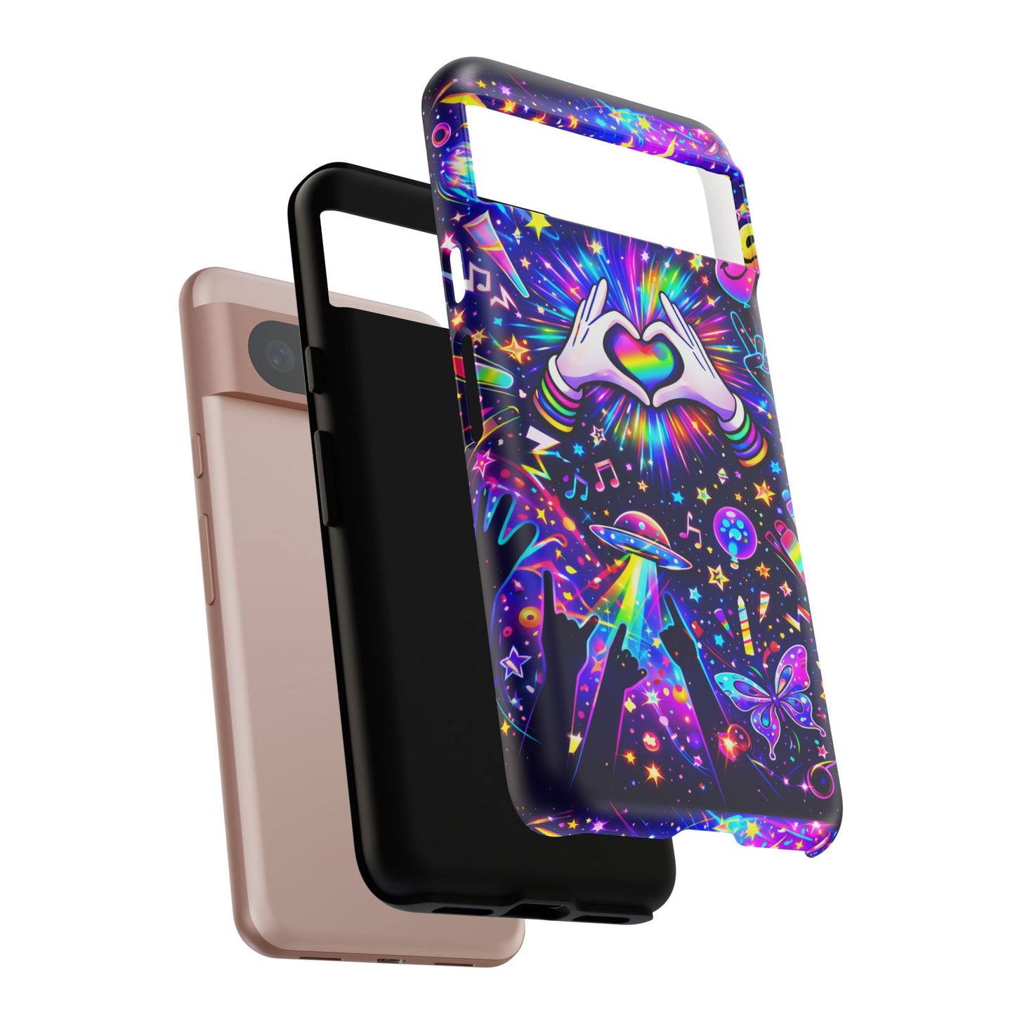 Rainbow Heart Hands Phone Case – Neon Galaxy EDM Festival Tough Cover