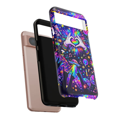 Rainbow Heart Hands Phone Case – Neon Galaxy EDM Festival Tough Cover