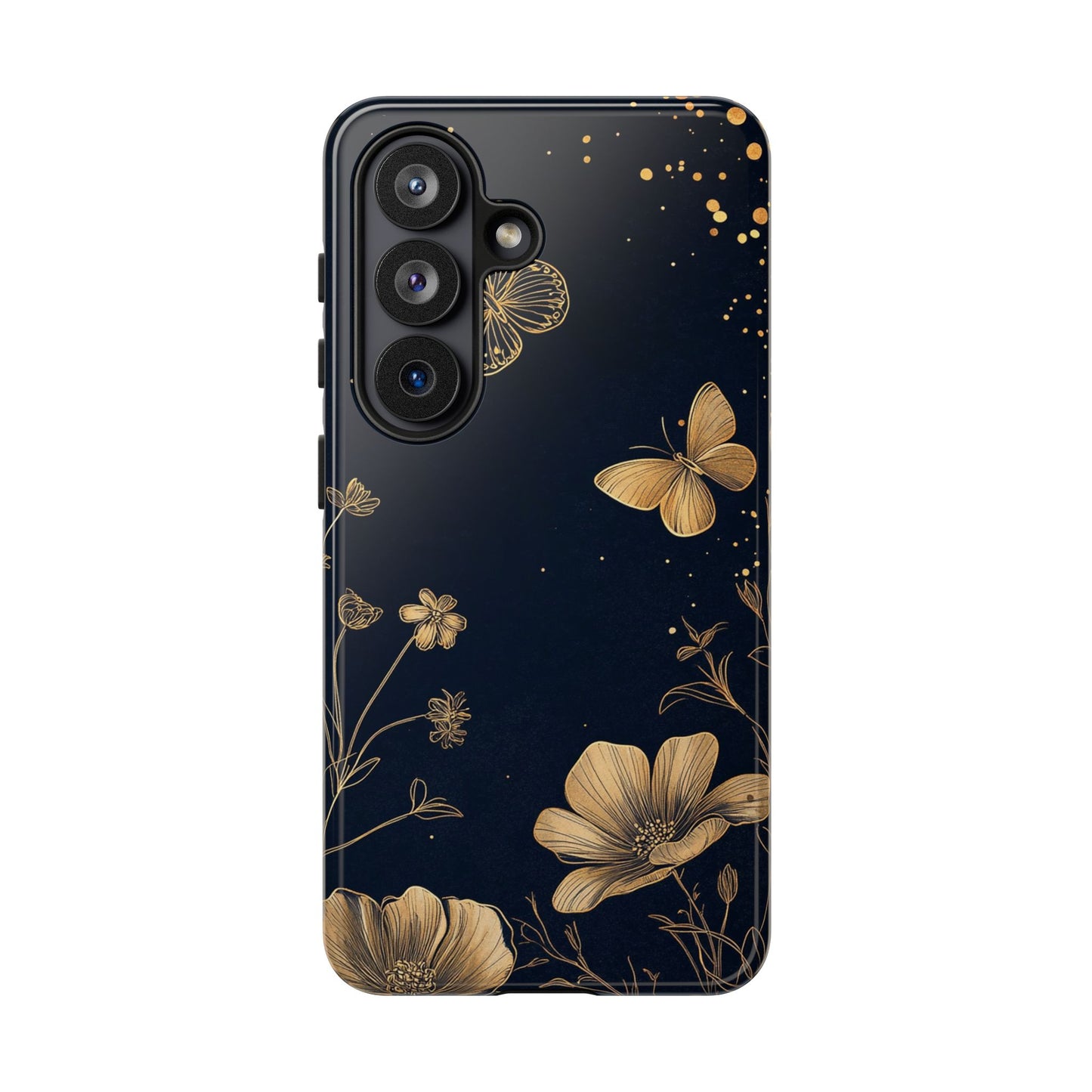 Gold Floral Butterfly Phone Case, Dark Aesthetic Botanical, Elegant Black Luxury iPhone Samsung Cover