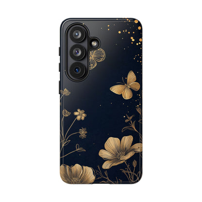 Gold Floral Butterfly Phone Case, Dark Aesthetic Botanical, Elegant Black Luxury iPhone Samsung Cover