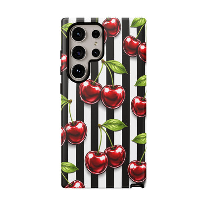 Cherry Pattern Phone Case Black White Stripe Retro Aesthetic Tough Cover