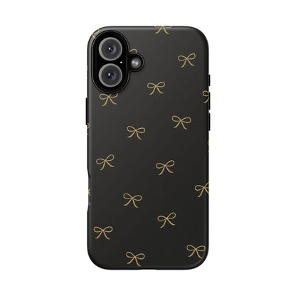 Black Phone Case with Gold Bow Pattern – Slim Protective Cute Aesthetic Cover for Iphone, Samsung Galaxy and Pixel