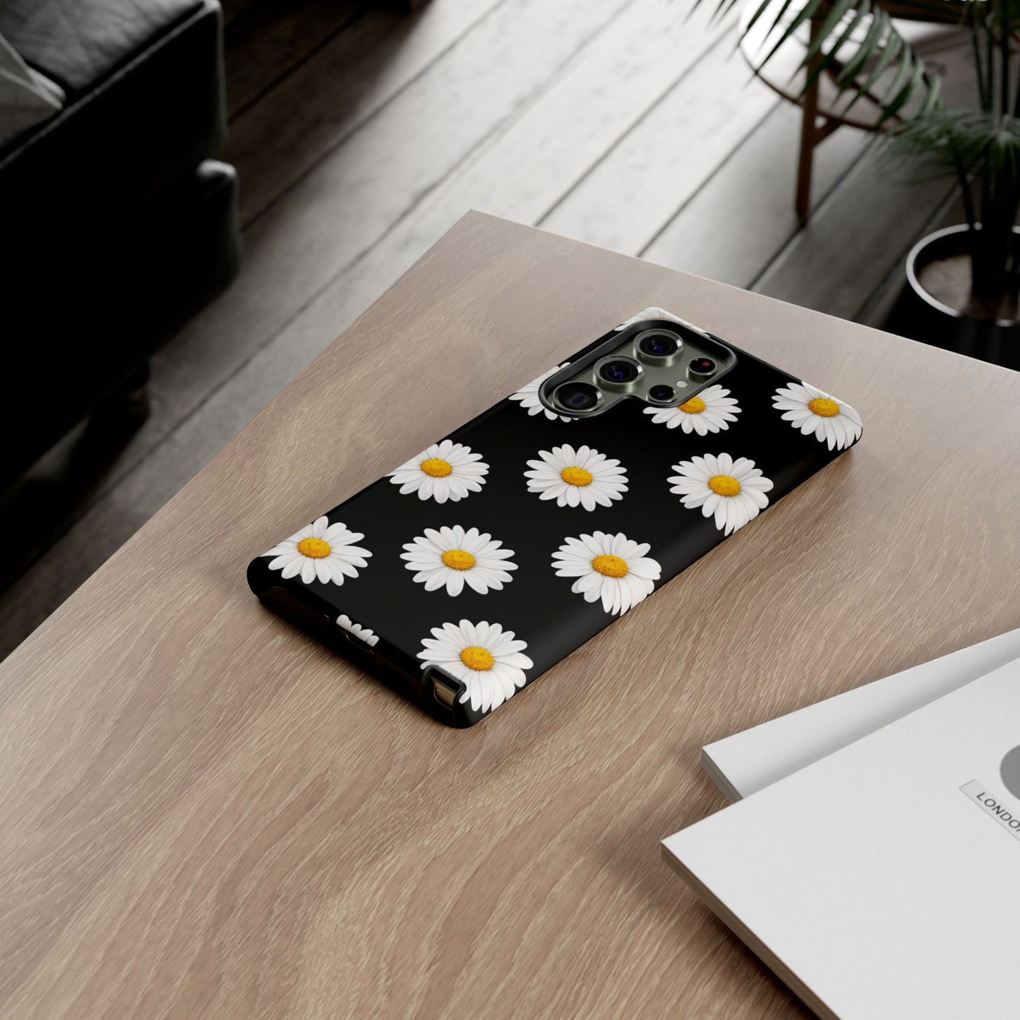 Black Daisy Floral Tough Phone Case – Cute Protective Cover for Iphone, Samsung Galaxy and Pixel