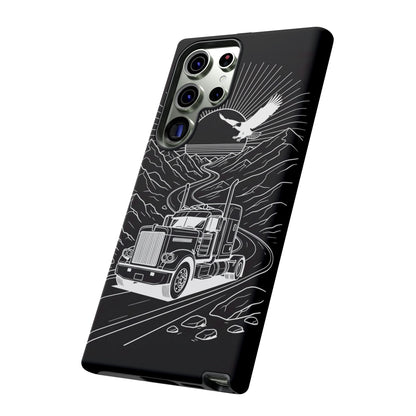 Trucker Highway Phone Case | Eagle & Mountain Line Art | Black Western Tough Case