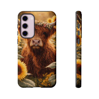 Highland Cow Sunflower Phone Case | Floral Farmhouse iPhone, Samsung Galaxy and Pixel Cover
