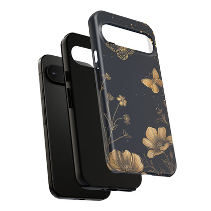 Gold Floral Butterfly Phone Case, Dark Aesthetic Botanical, Elegant Black Luxury iPhone Samsung Cover