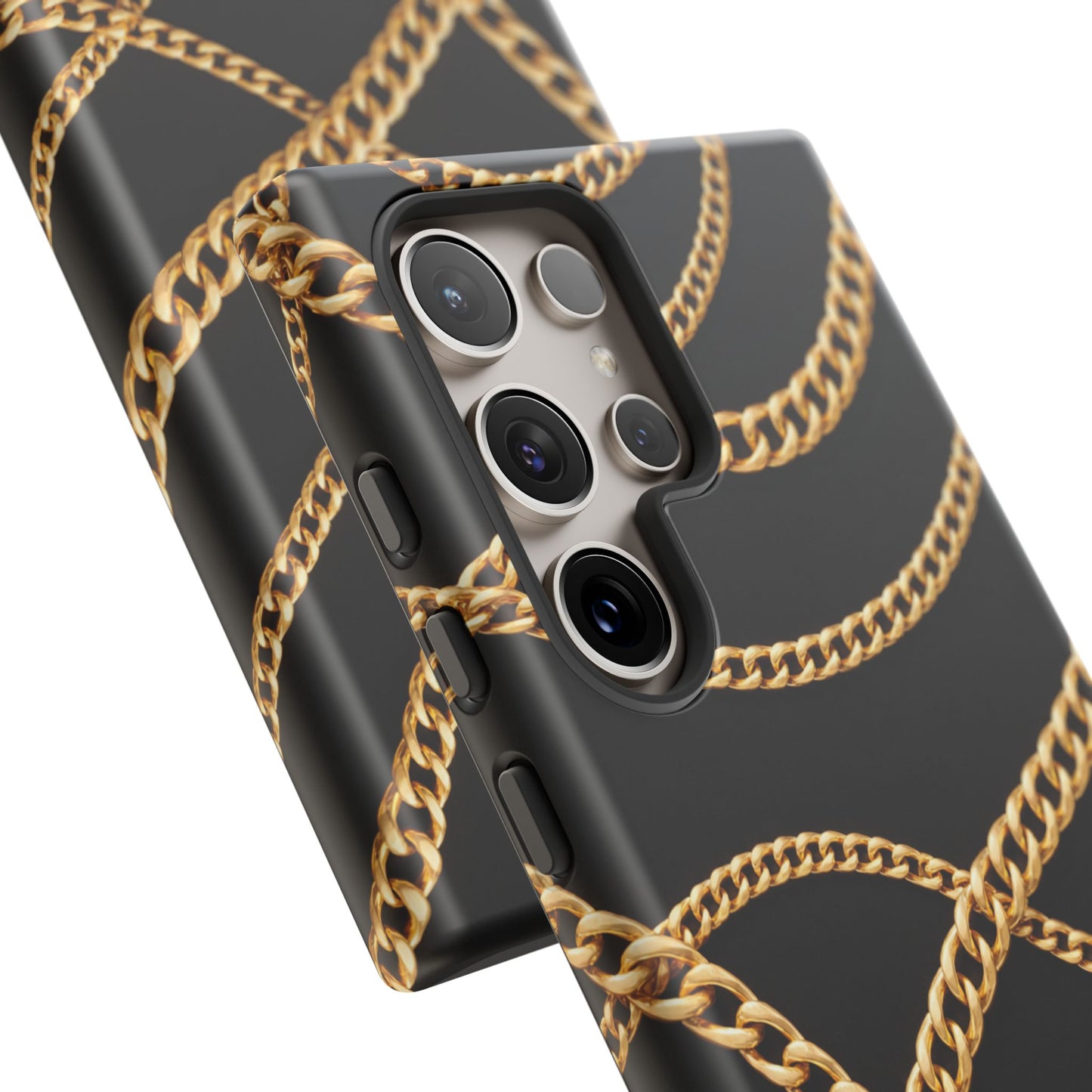 Luxury Gold Chain Phone Case – Black Designer Style Tough Protective Cover for Iphone, Samsung Galaxy and Pixel