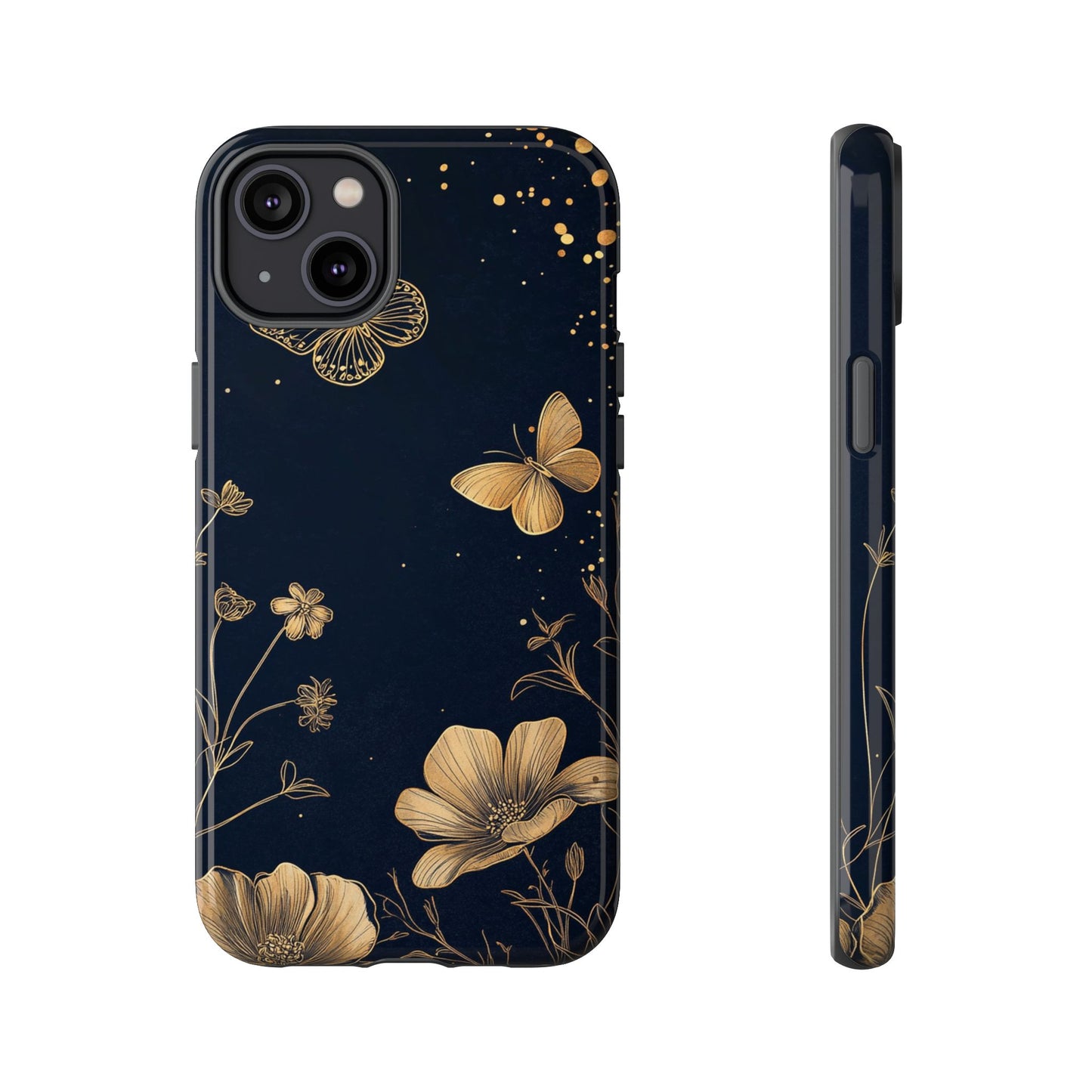 Gold Floral Butterfly Phone Case, Dark Aesthetic Botanical, Elegant Black Luxury iPhone Samsung Cover