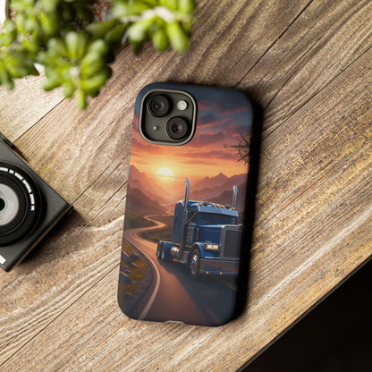 Semi Truck Sunset Phone Case | Trucker Gift | Diesel Truck Highway Road iPhone & Samsung Tough Protective Case