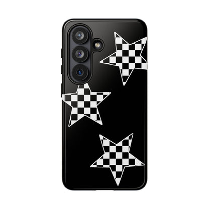 Checkered Star Tough Phone Case – Black Retro Graphic Protective Cover for Iphone, Samsung Galaxy and Pixel