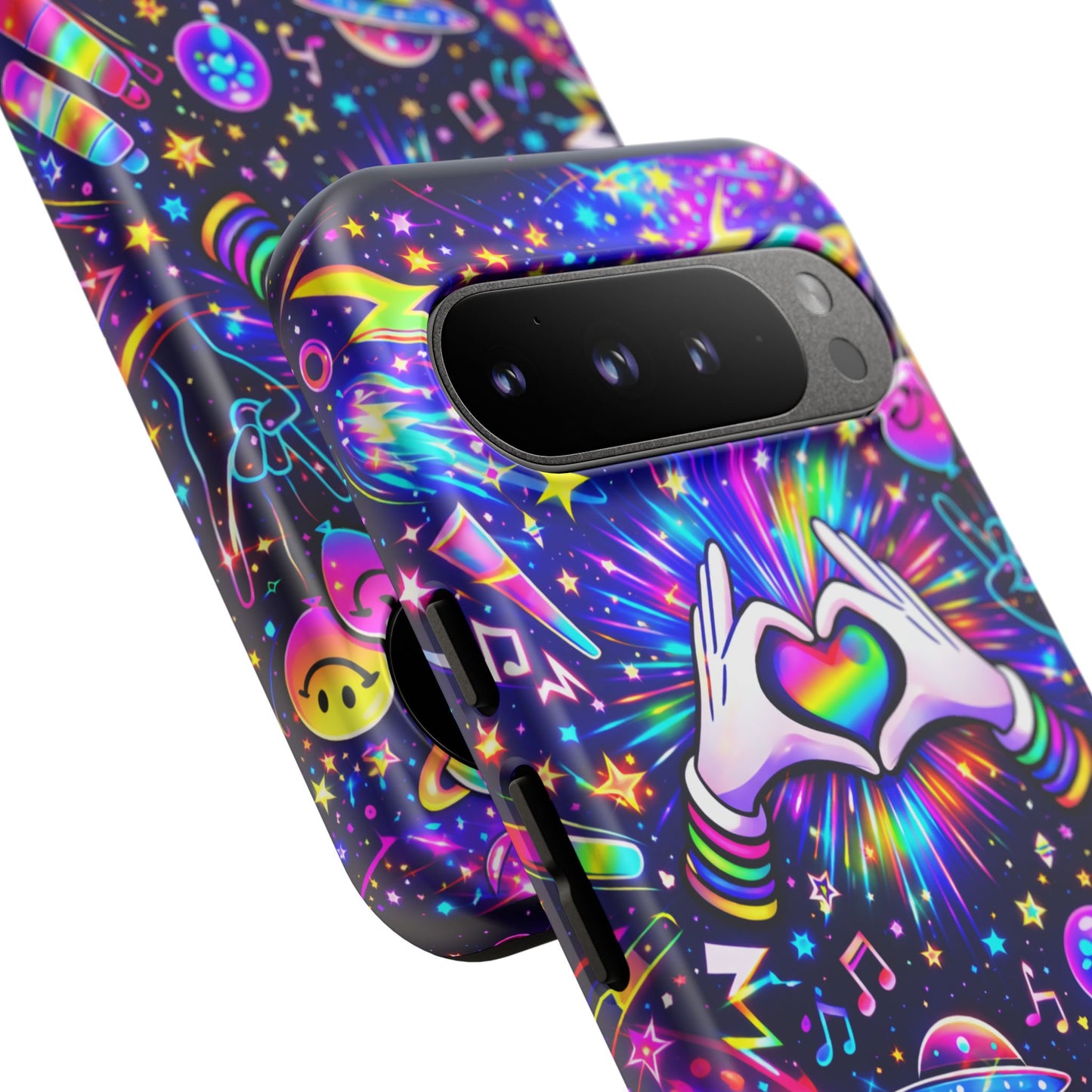 Rainbow Heart Hands Phone Case – Neon Galaxy EDM Festival Tough Cover