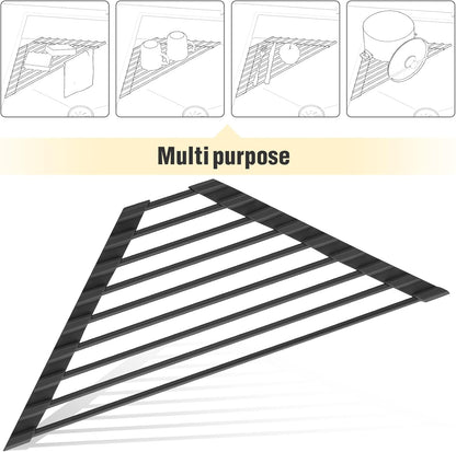 Small Triangle Roll-Up Dish Drying Rack with Silicone Coating Stainless Steel Frame for Sink Corners, Multipurpose Over-The-Sink Kitchen Drainer & Organizer for Space-Saving Storage (Black)