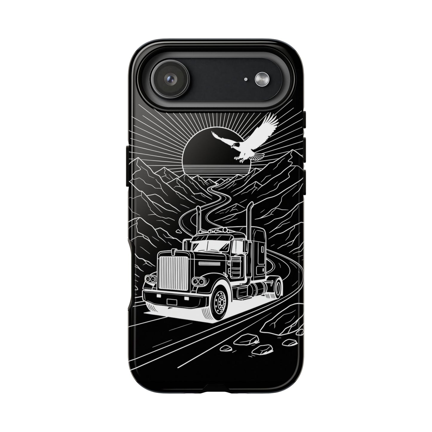 Trucker Highway Phone Case | Eagle & Mountain Line Art | Black Western Tough Case