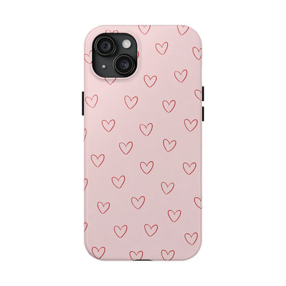 Pink Doodle Hearts Phone Case | Minimal Cute Heart Pattern Tough Case