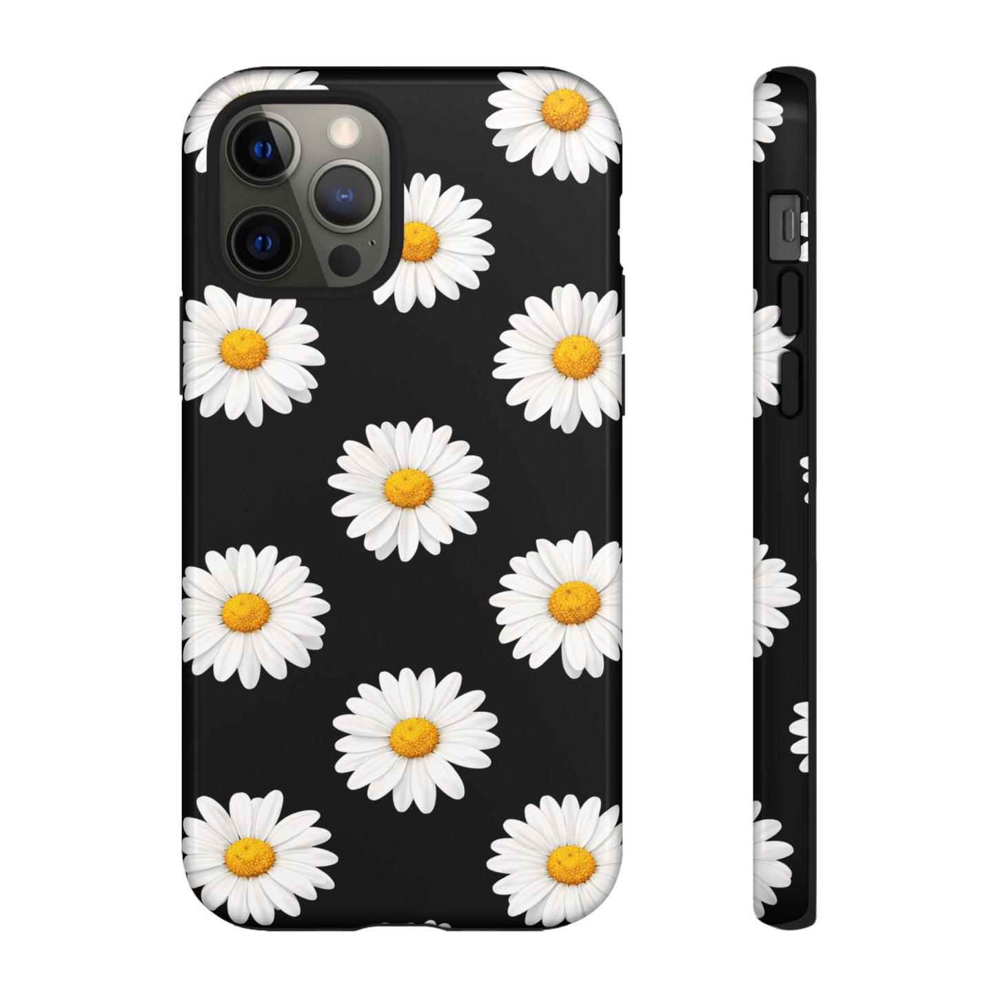 Black Daisy Floral Tough Phone Case – Cute Protective Cover for Iphone, Samsung Galaxy and Pixel