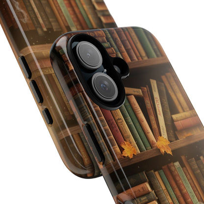 Cozy Vintage Bookshelf Phone Case, Library Aesthetic Book Stack, Autumn Coffee Vibes (iPhone, Samsung, Pixel)