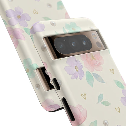 Pastel Floral Phone Case – Coquette Watercolor Flower Hearts Tough Case (iPhone, Samsung, Pixel)