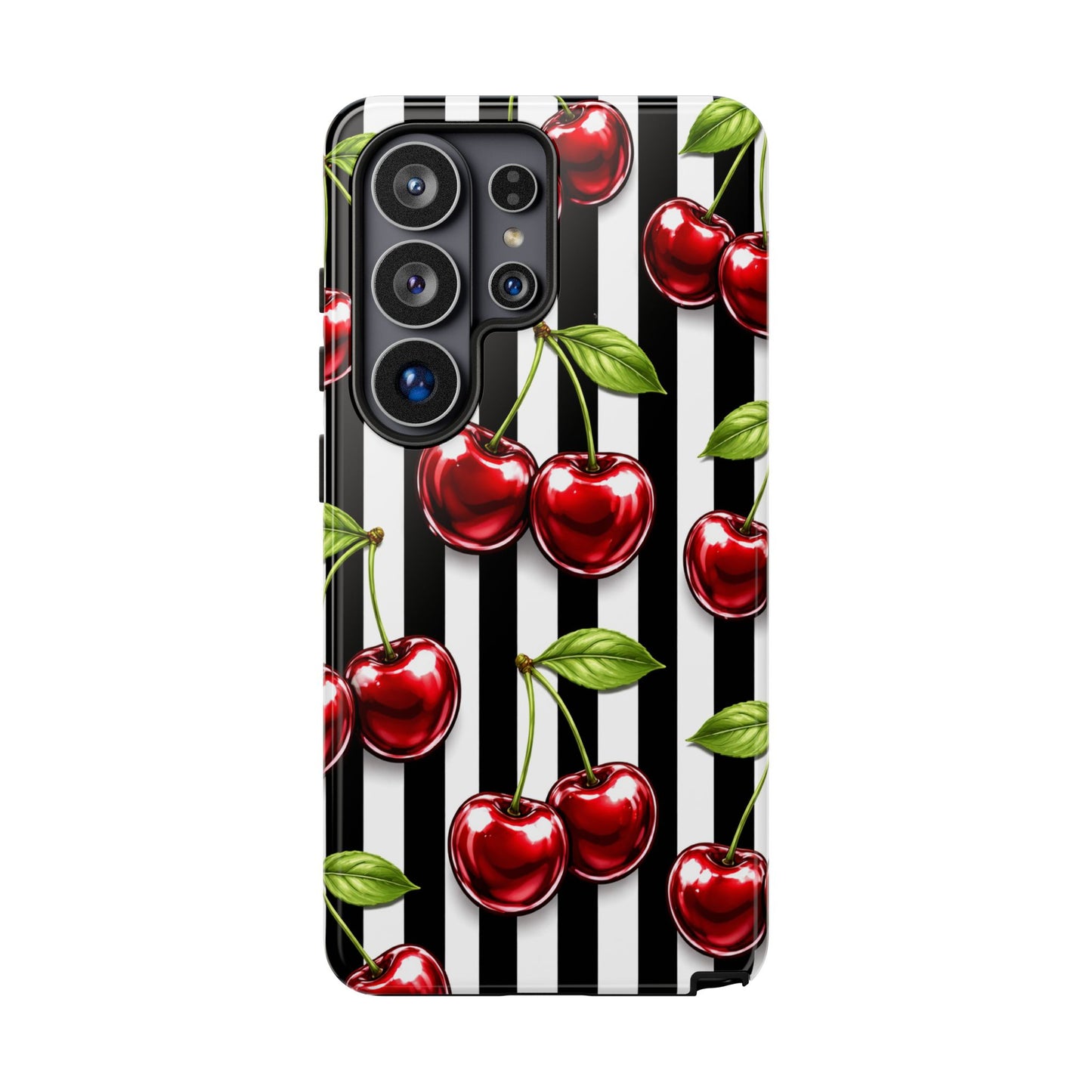 Cherry Pattern Phone Case Black White Stripe Retro Aesthetic Tough Cover