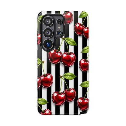 Cherry Pattern Phone Case Black White Stripe Retro Aesthetic Tough Cover