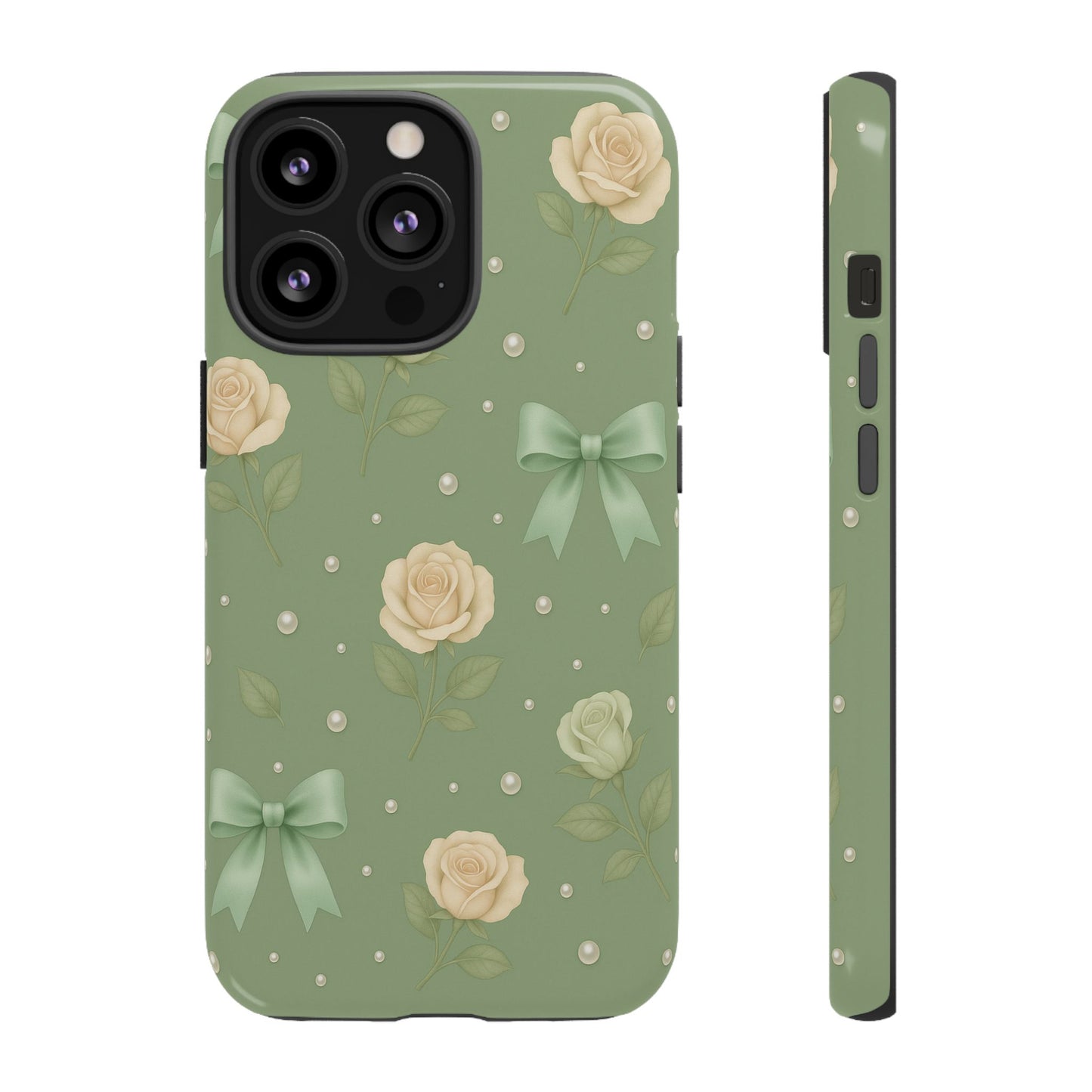 Vintage Rose Bow Phone Case – Sage Green Floral Coquette Aesthetic Tough Case (iPhone, Samsung, Pixel)