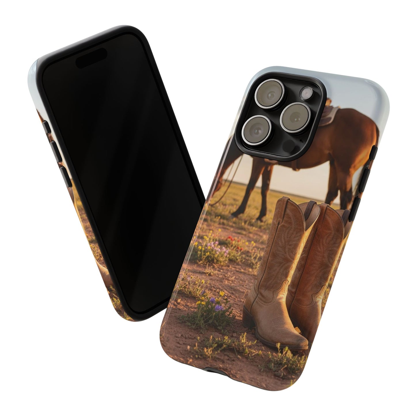 Western Cowboy Boots Phone Case – Rustic Horse Sunset Tough Case (iPhone, Samsung, Pixel)