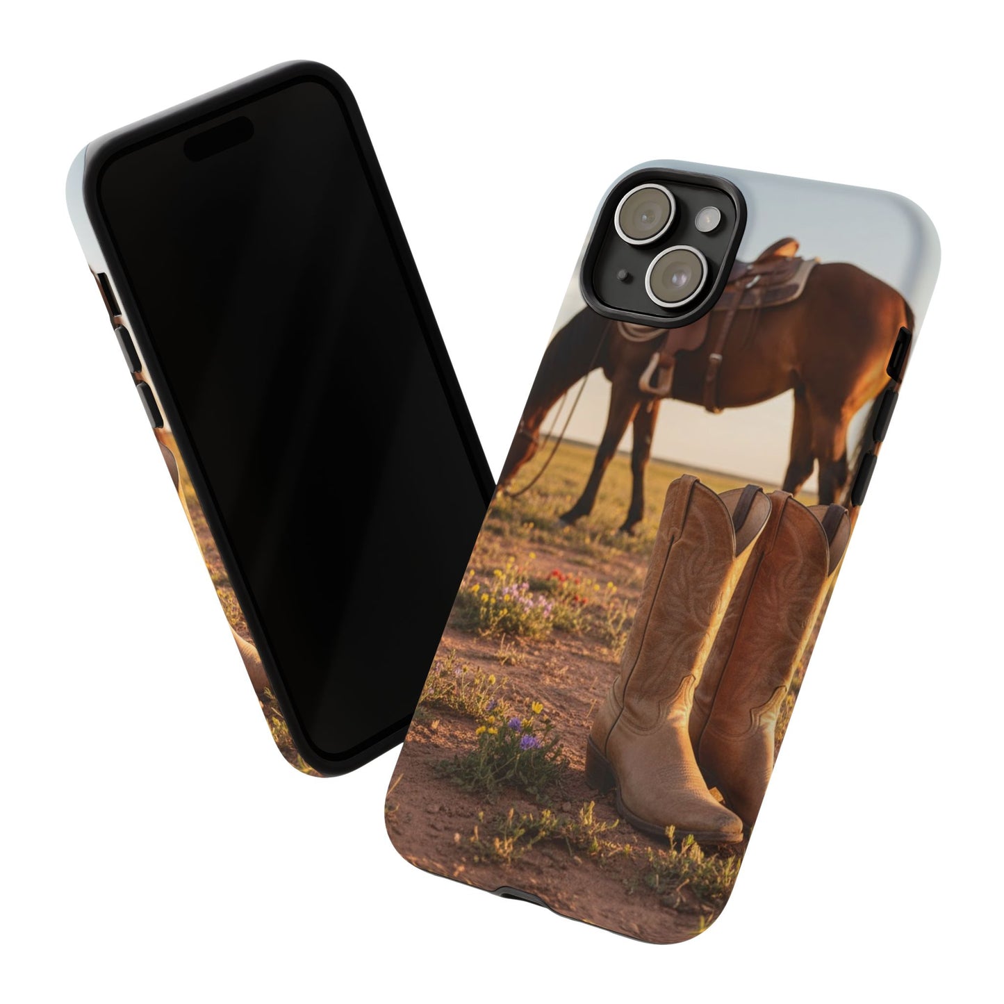 Western Cowboy Boots Phone Case – Rustic Horse Sunset Tough Case (iPhone, Samsung, Pixel)