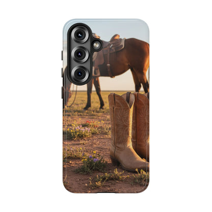 Western Cowboy Boots Phone Case – Rustic Horse Sunset Tough Case (iPhone, Samsung, Pixel)