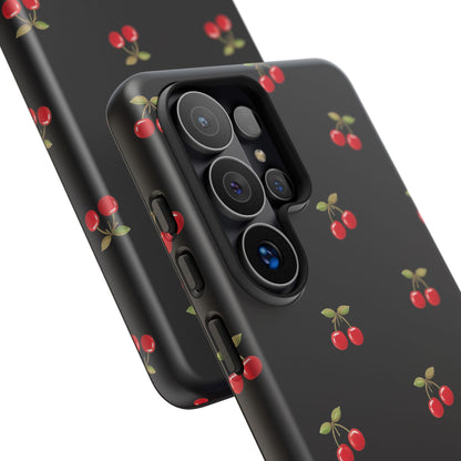 Cherry Pattern Phone Case — Slim Black Protective iPhone Case with Red Cherries for Iphone, Samsung Galaxy and Pixel