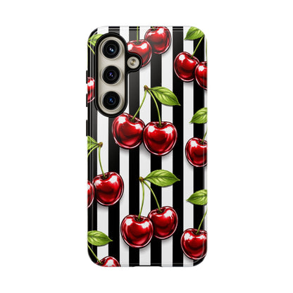 Cherry Pattern Phone Case Black White Stripe Retro Aesthetic Tough Cover