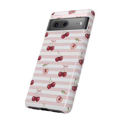 Pink Cherry Stripe Phone Case | Cute Coquette Aesthetic Protective Tough Case