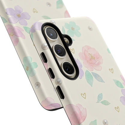 Pastel Floral Phone Case – Coquette Watercolor Flower Hearts Tough Case (iPhone, Samsung, Pixel)