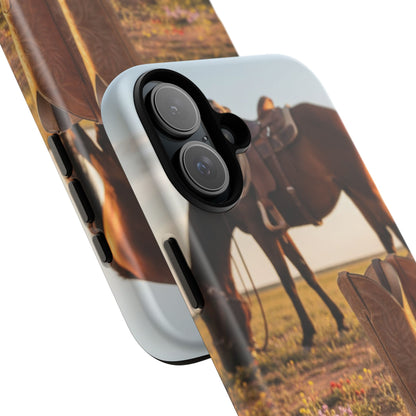 Western Cowboy Boots Phone Case – Rustic Horse Sunset Tough Case (iPhone, Samsung, Pixel)